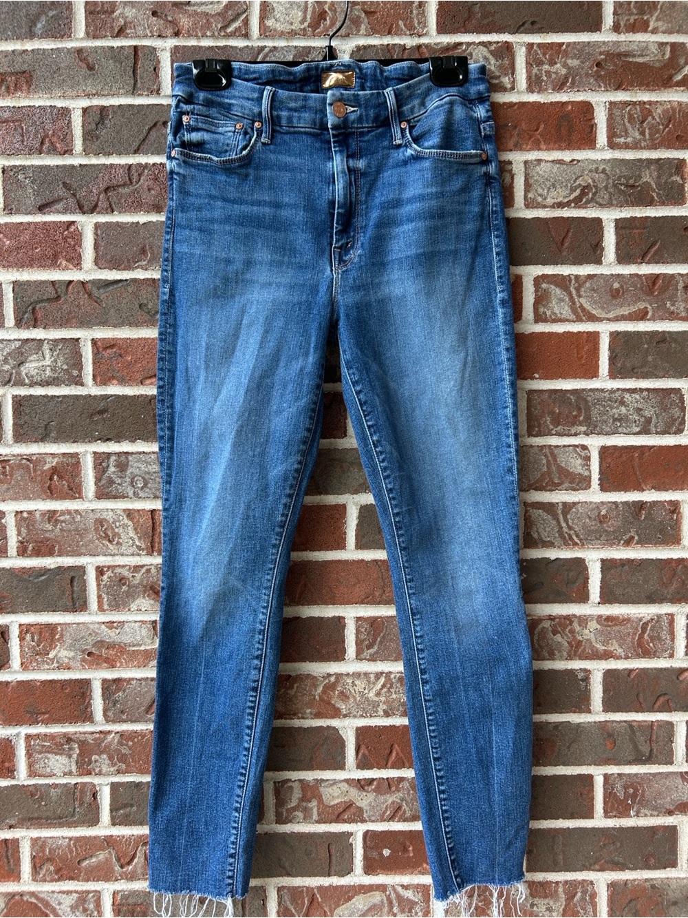 MOTHER Blue Distressed high waisted looker ankle fray jeans
